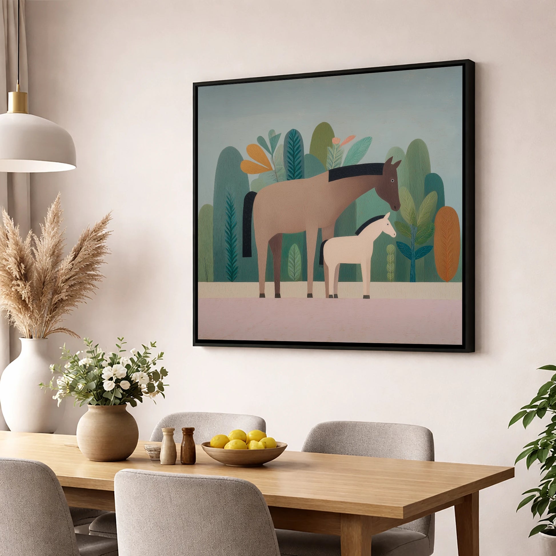 Tranquil Grove mare & foal wall art displayed in a dining room