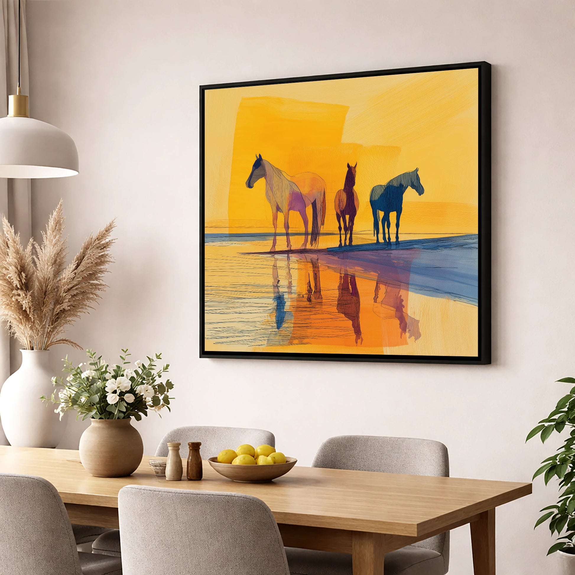 Amber Horizon Horses horse landscape wall art displayed in a dining room