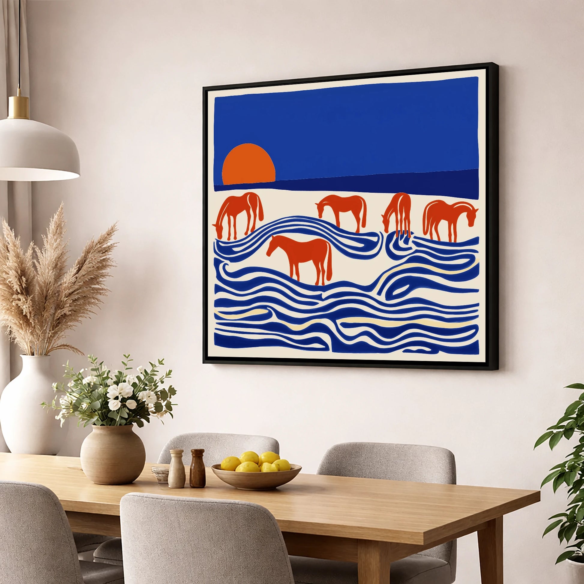 Cobalt Sunset Herd wild horses wall art displayed in a dining room