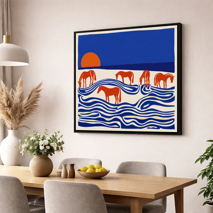 Cobalt Sunset Herd wild horses wall art displayed in a dining room