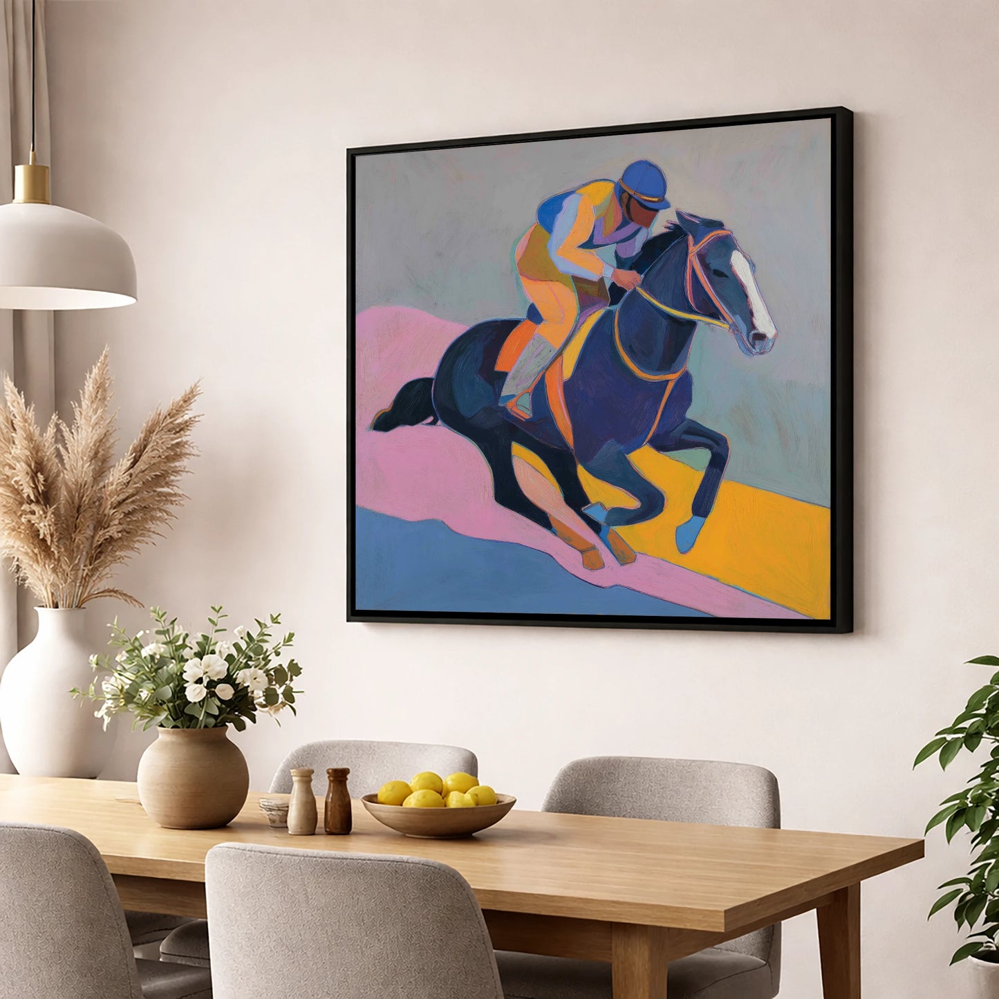 Colour of the Chase racing horse wall art displayed in a dining room