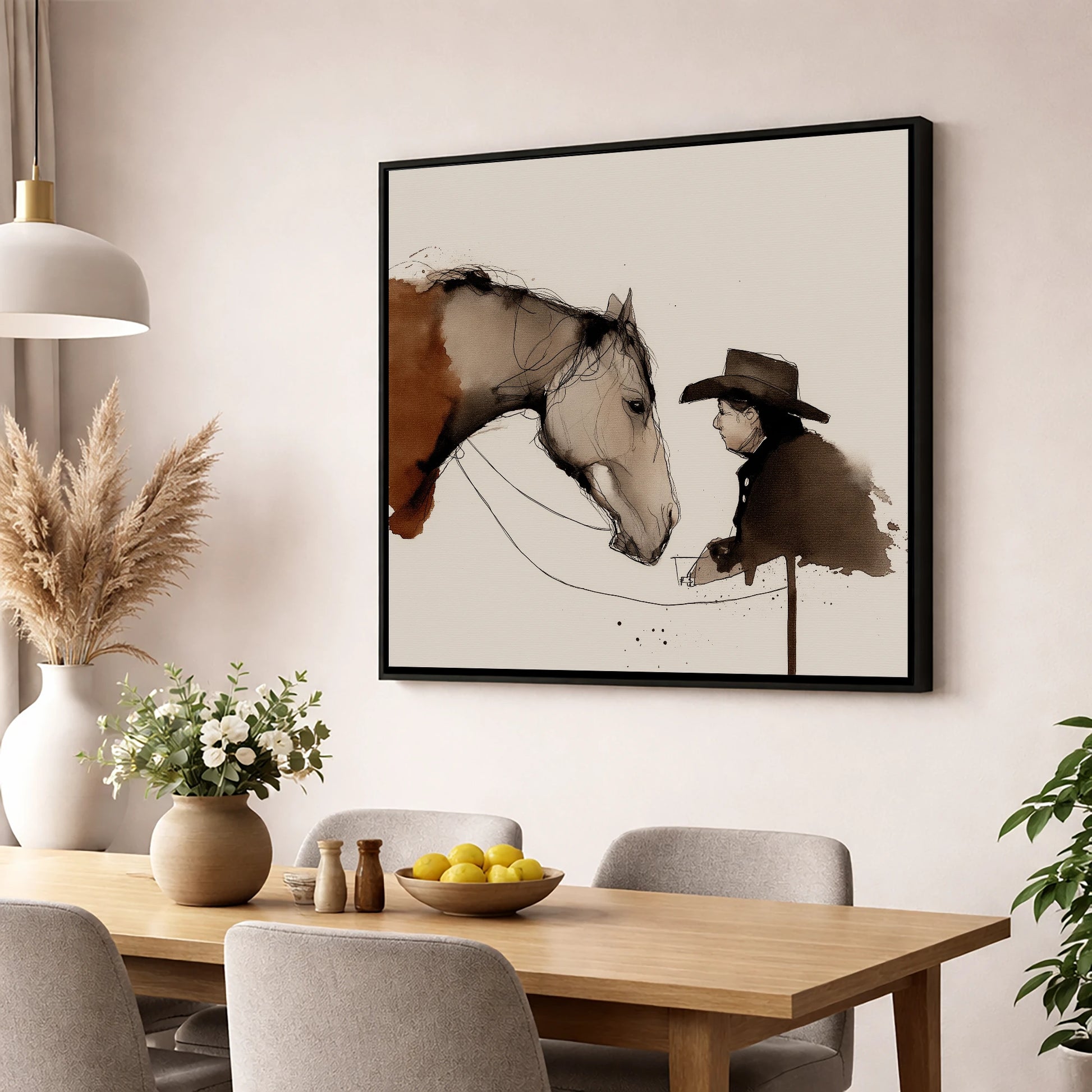 The Stockman's Bond western horse wall art displayed in a dining room