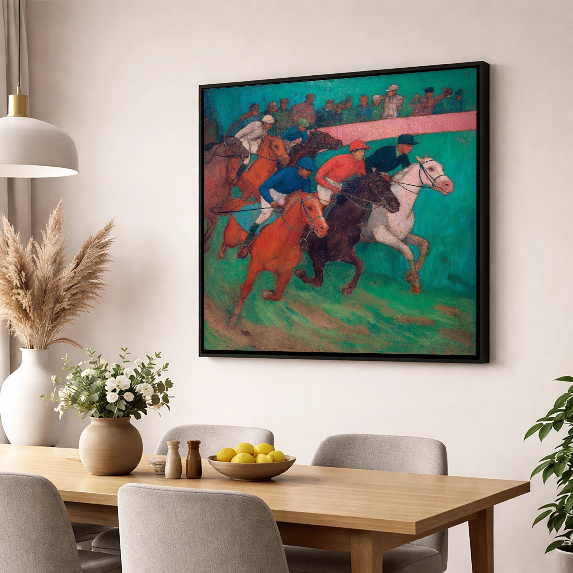 The Vibrant Furlong racing horse wall art displayed in a dining room