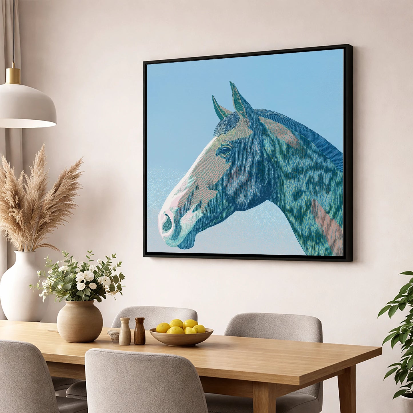 The Azure Profile horse portrait wall art displayed in a dining room