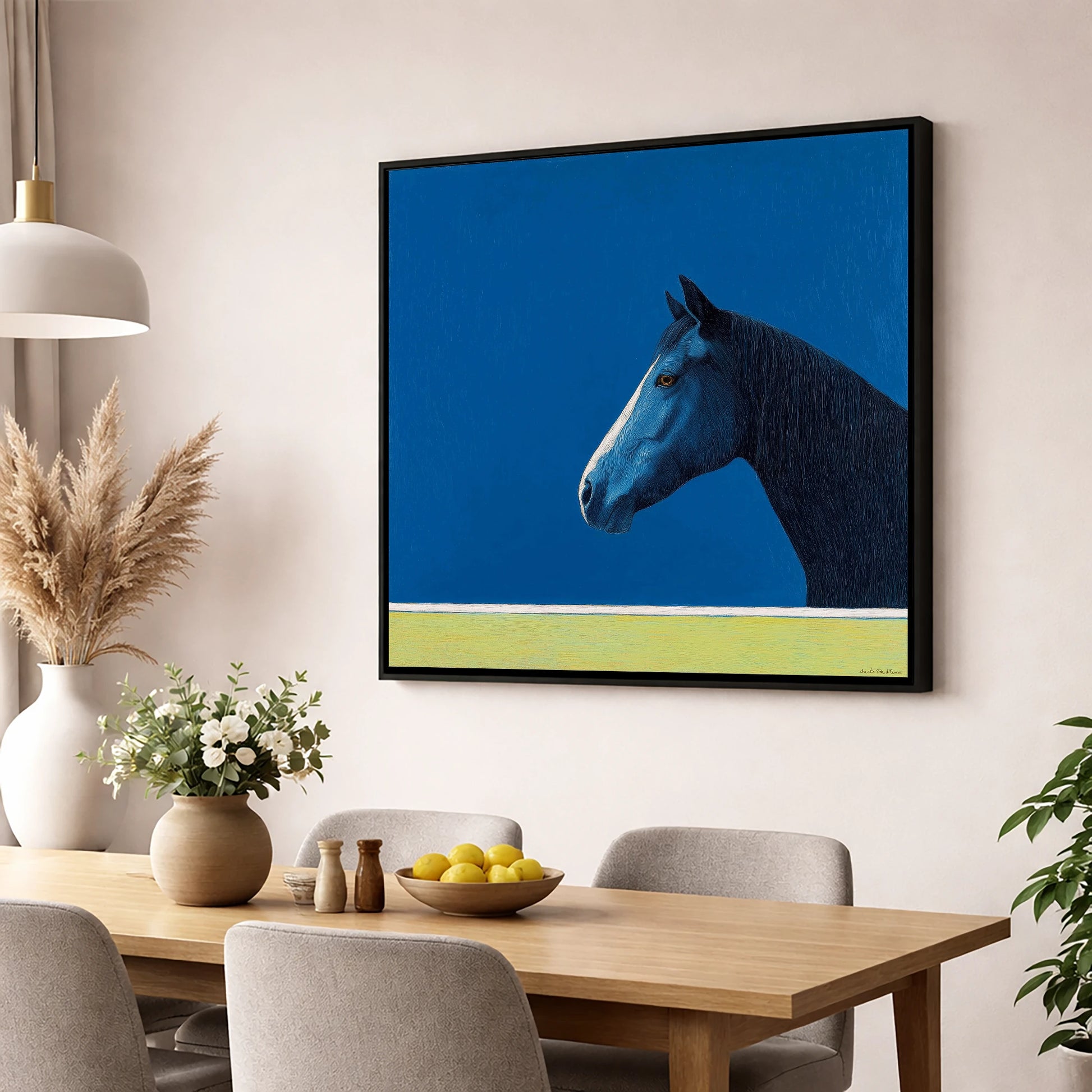 Midnight Blue Blaze horse portrait wall art displayed in a dining room