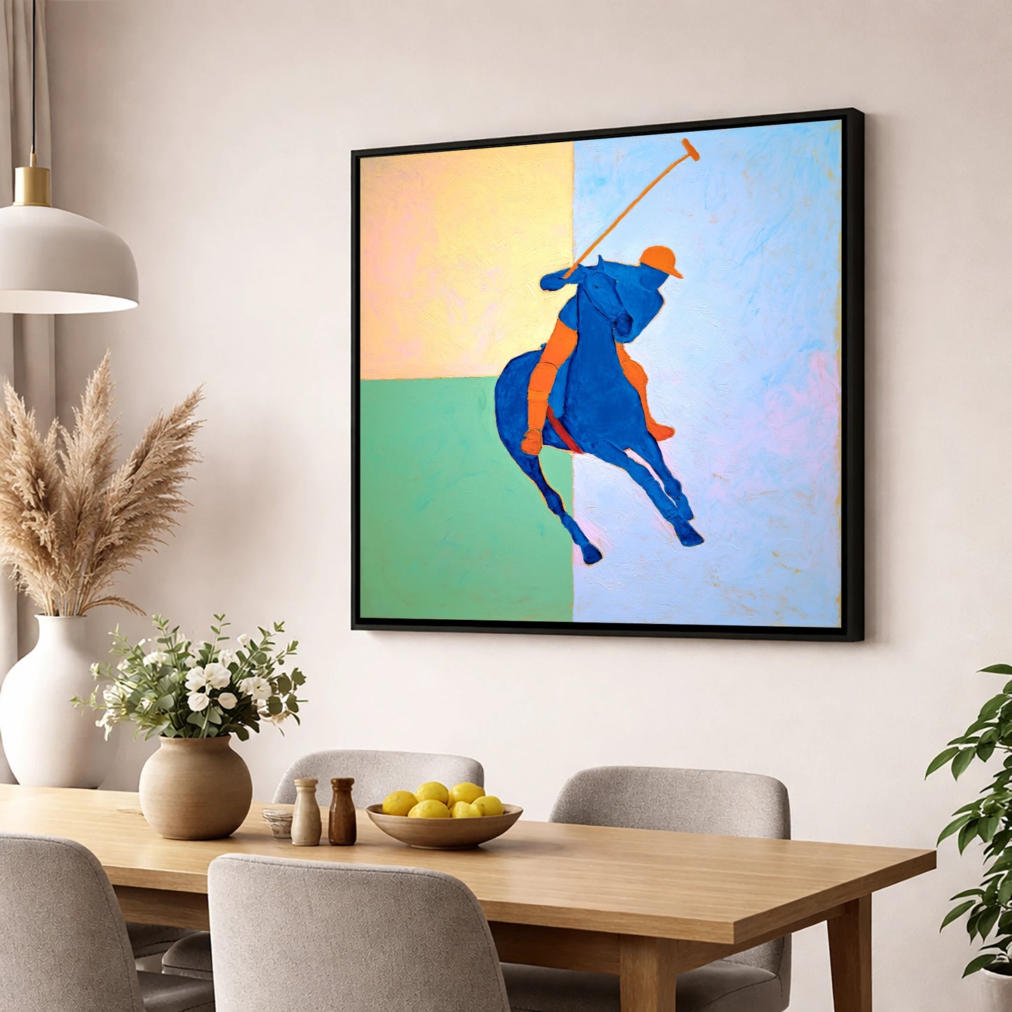 Cobalt Polo Swing polo horse wall art displayed in a dining room