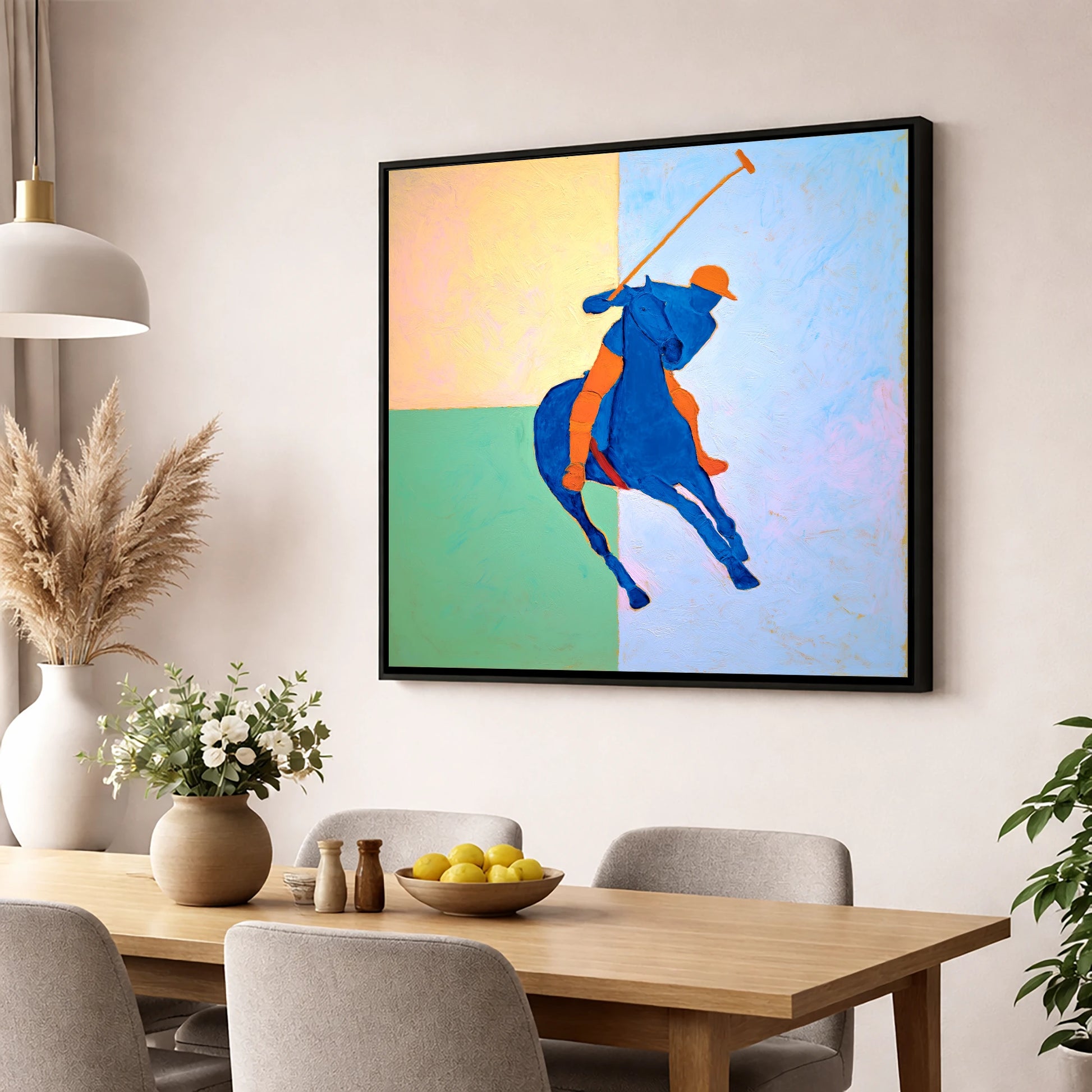Cobalt Polo Swing polo horse wall art displayed in a dining room
