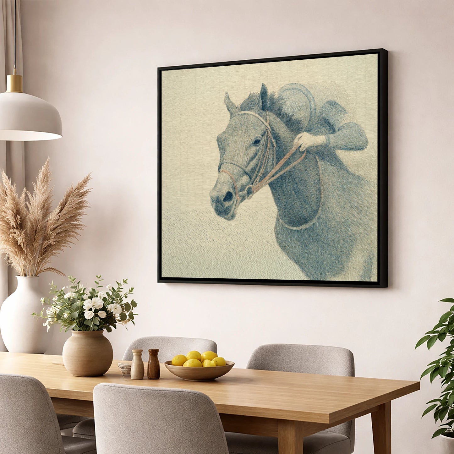 Quiet Precision racing horse wall art displayed in a dining room