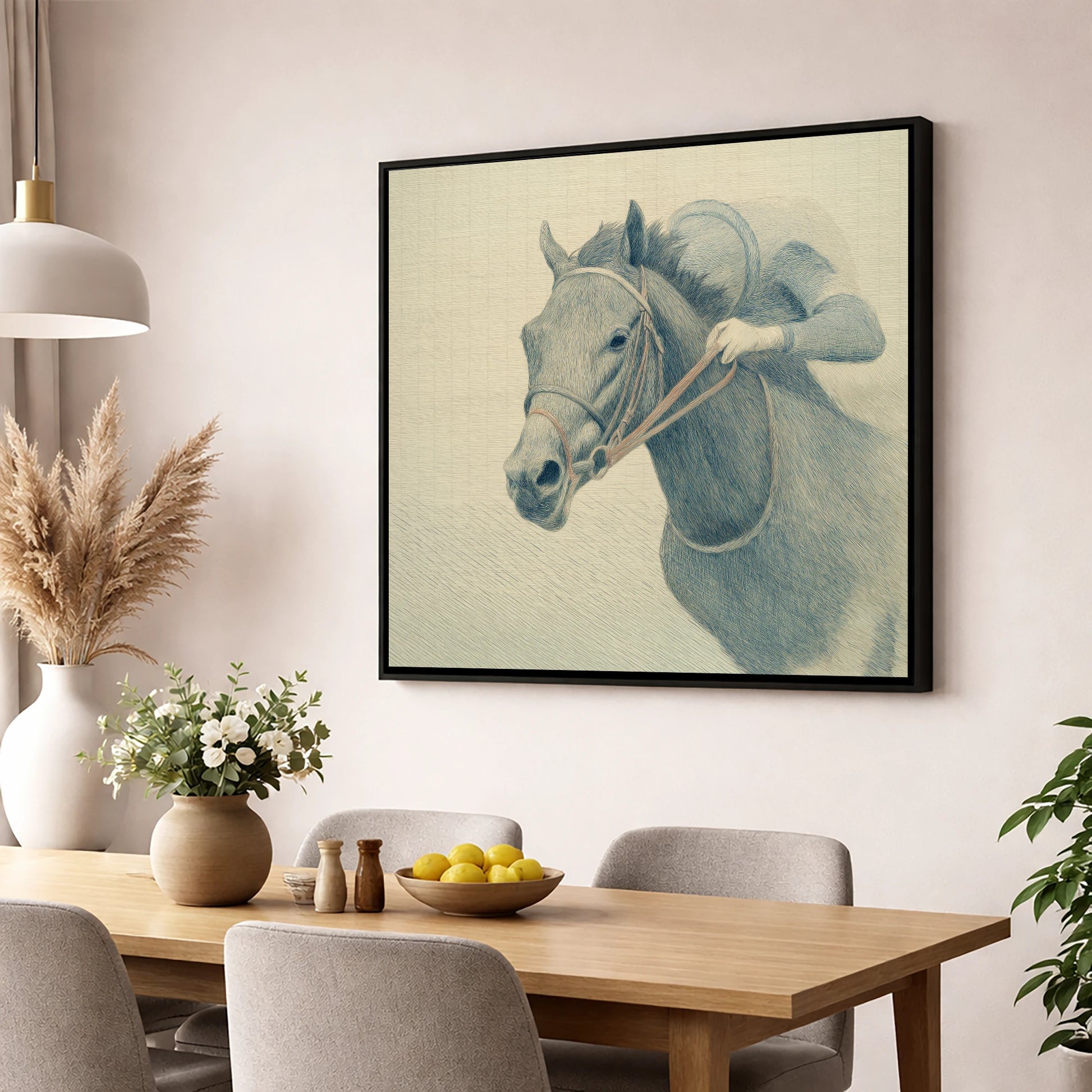 Quiet Precision racing horse wall art displayed in a dining room