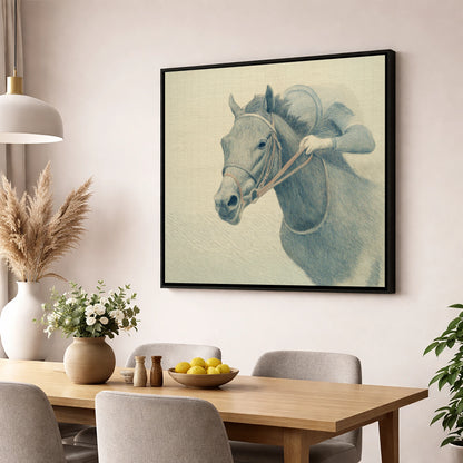 Quiet Precision racing horse wall art displayed in a dining room