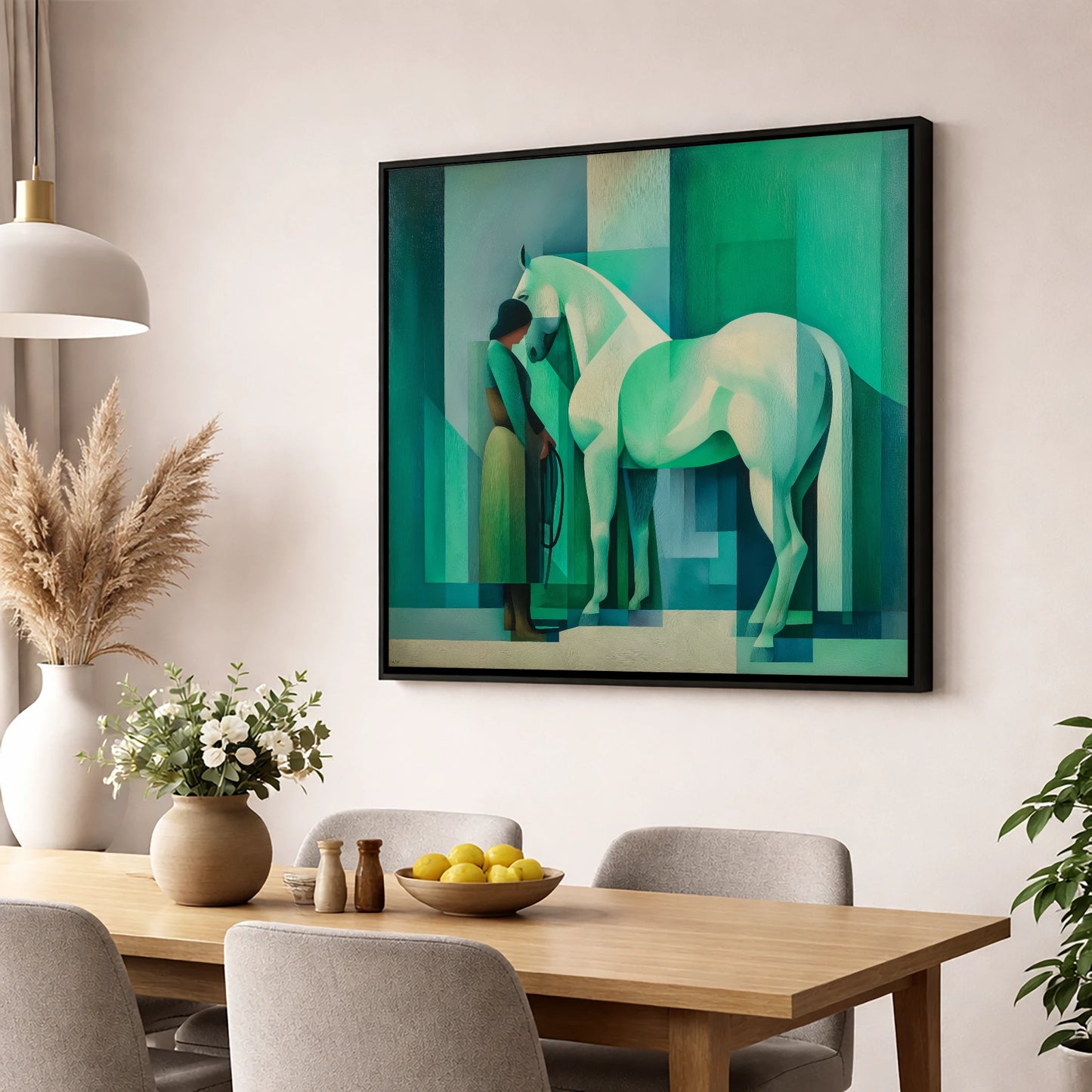Emerald Equine Harmony horse & rider wall art displayed in a dining room