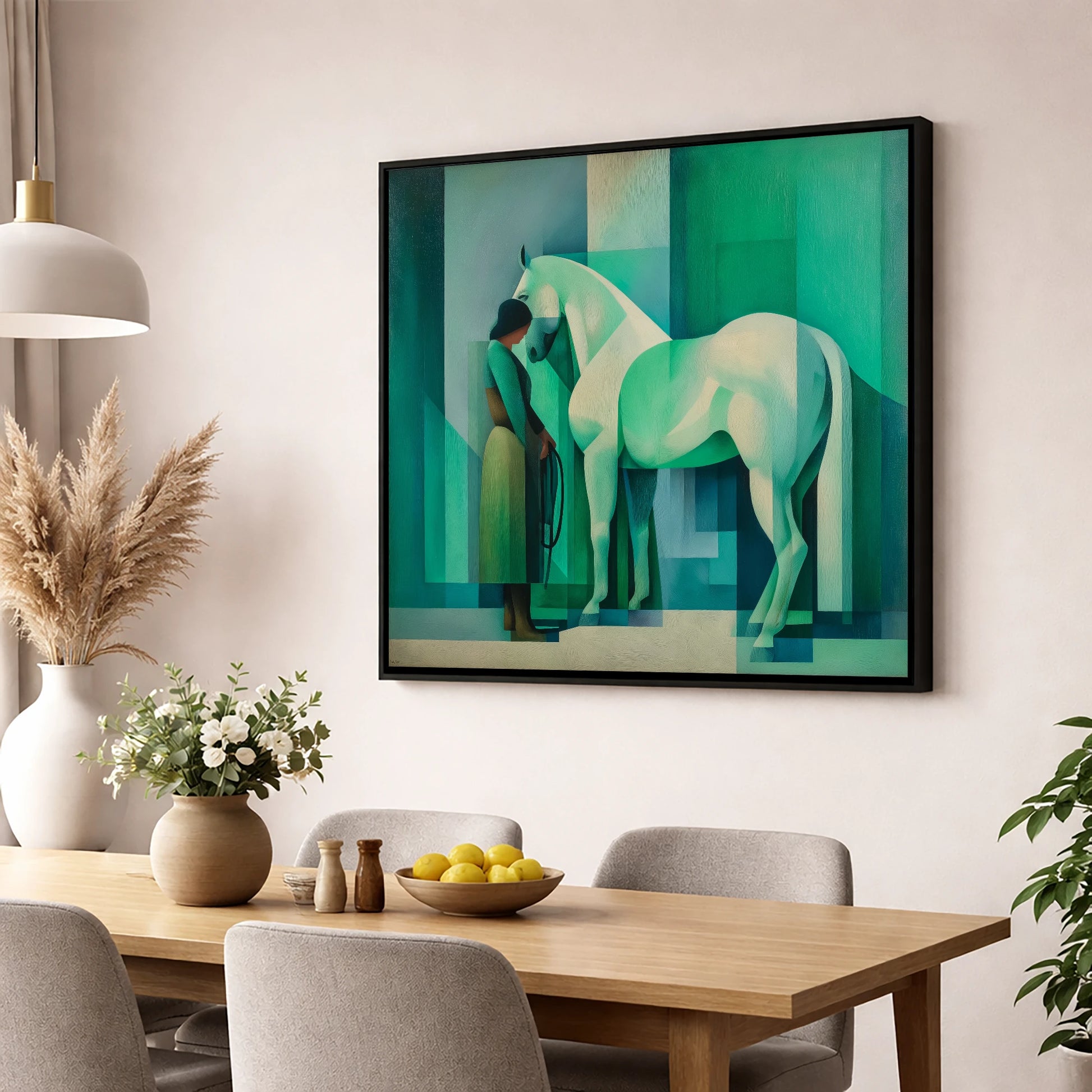 Emerald Equine Harmony horse & rider wall art displayed in a dining room