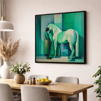 Emerald Equine Harmony horse & rider wall art displayed in a dining room