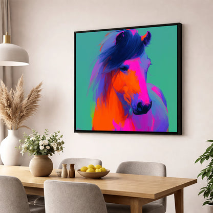 Neon Equine Spirit horse breed wall art displayed in a dining room