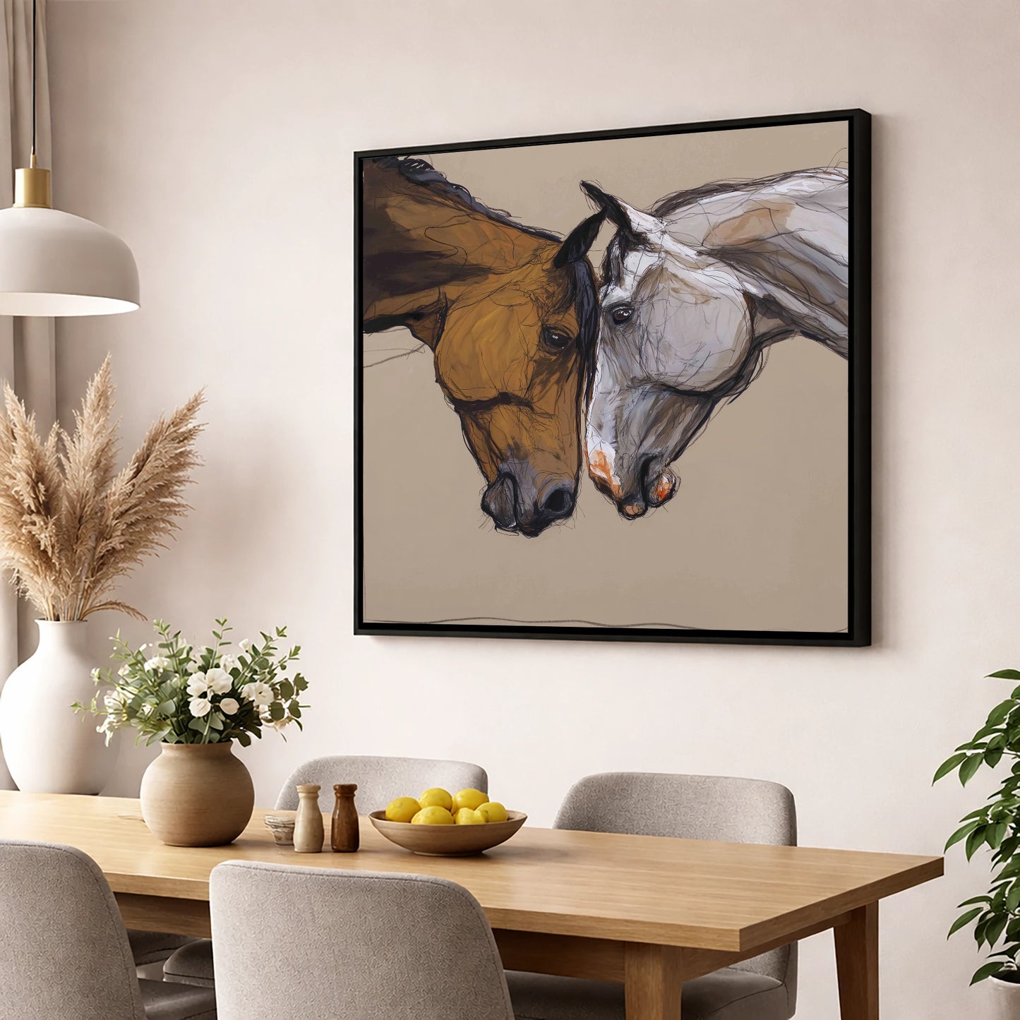 Kindred Spirits horse portrait wall art displayed in a dining room