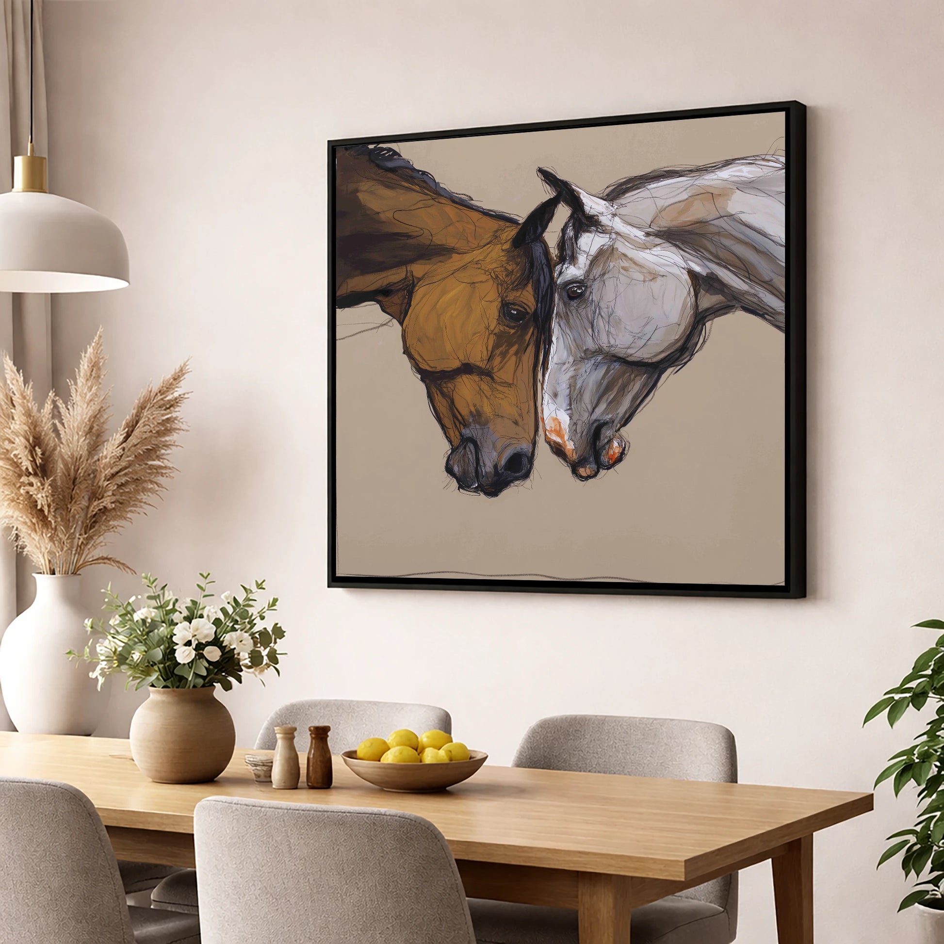 Kindred Spirits horse portrait wall art displayed in a dining room