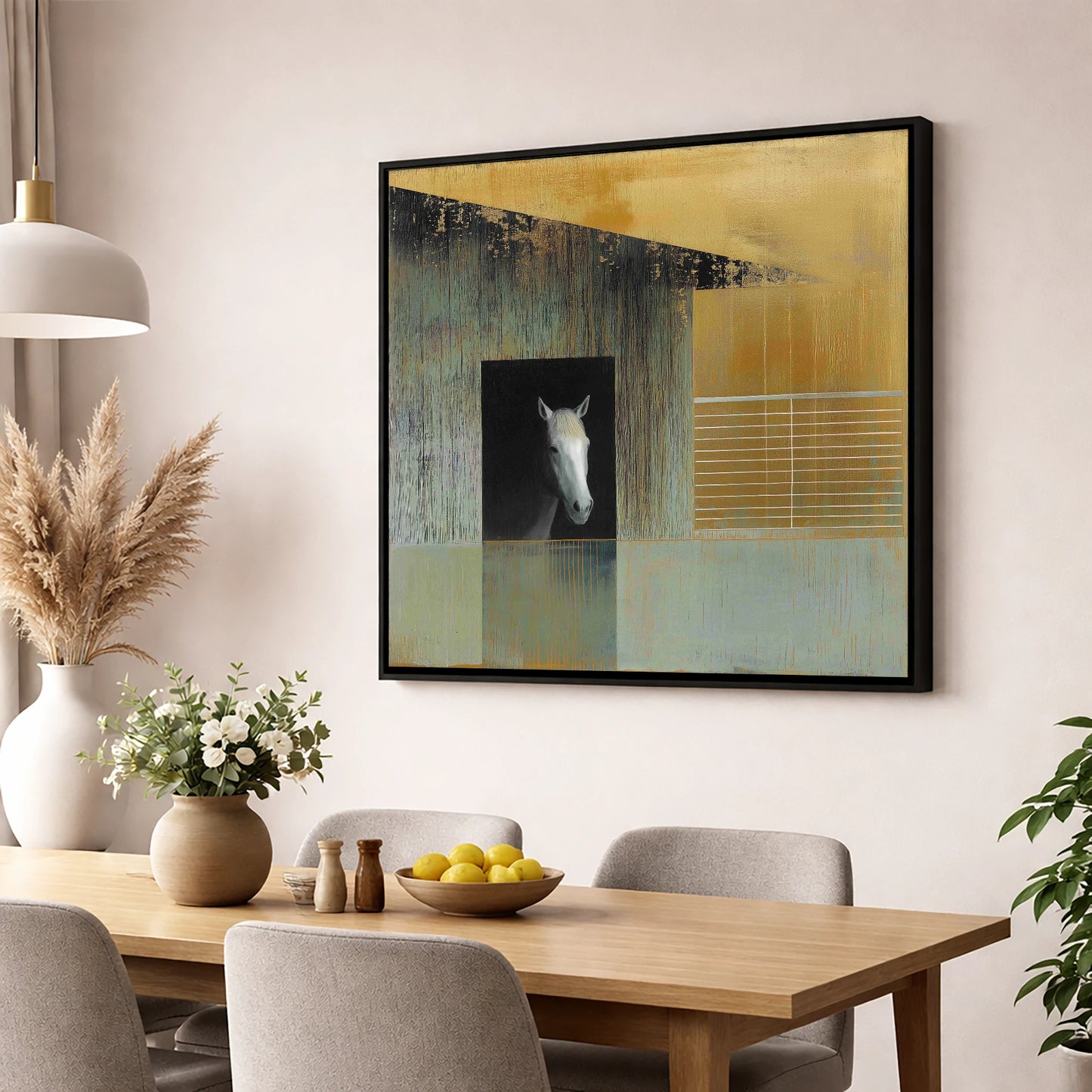 The Quiet Observer horse stable wall art displayed in a dining room