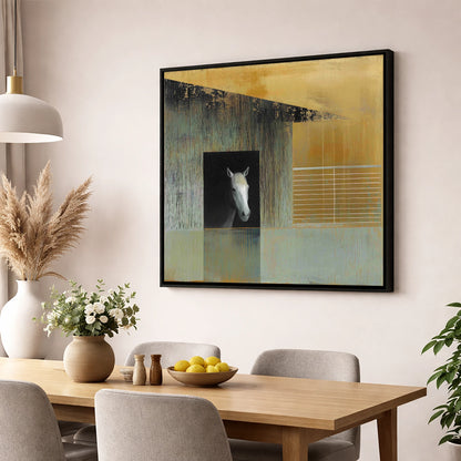 The Quiet Observer horse stable wall art displayed in a dining room