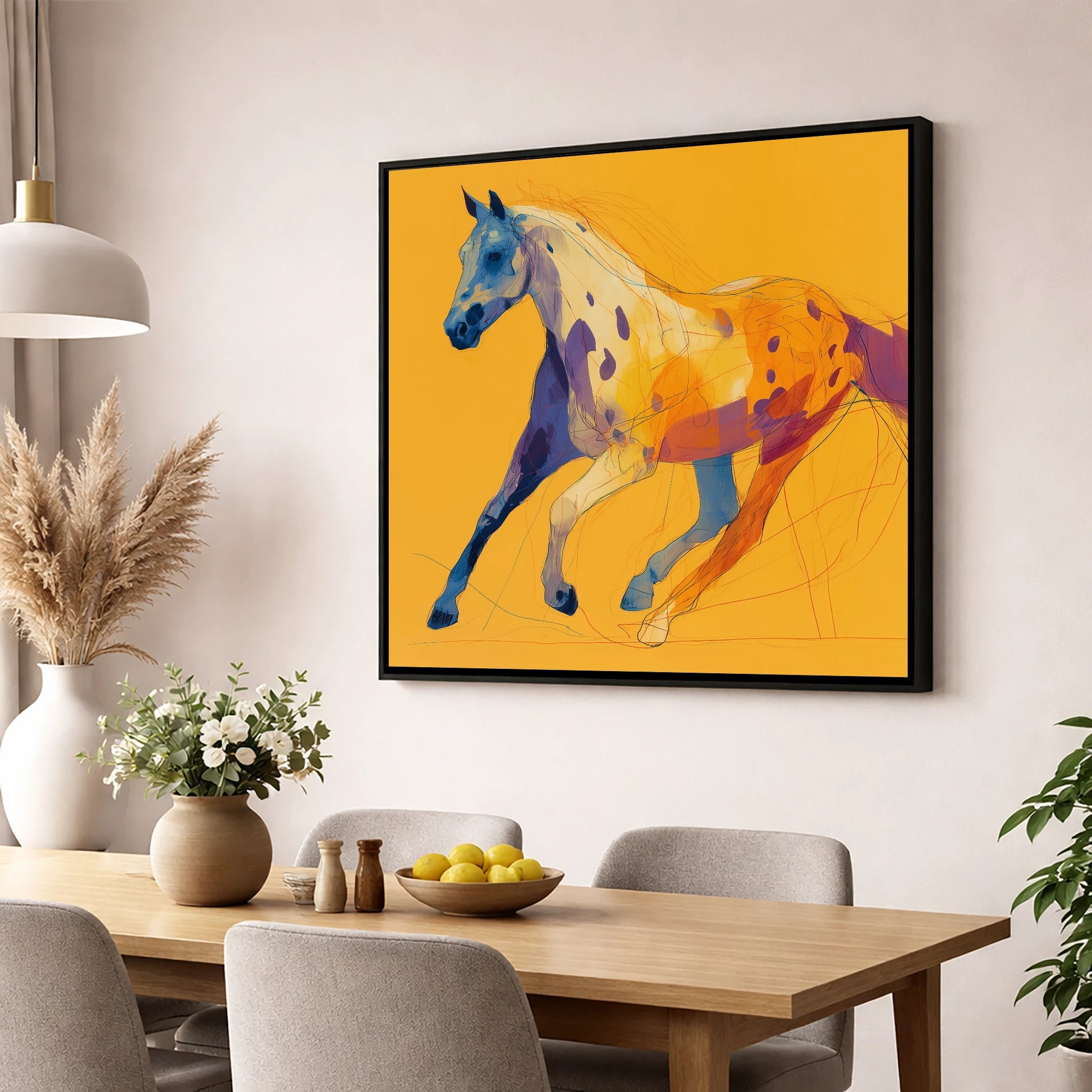 Painted Strides horse breed wall art displayed in a dining room
