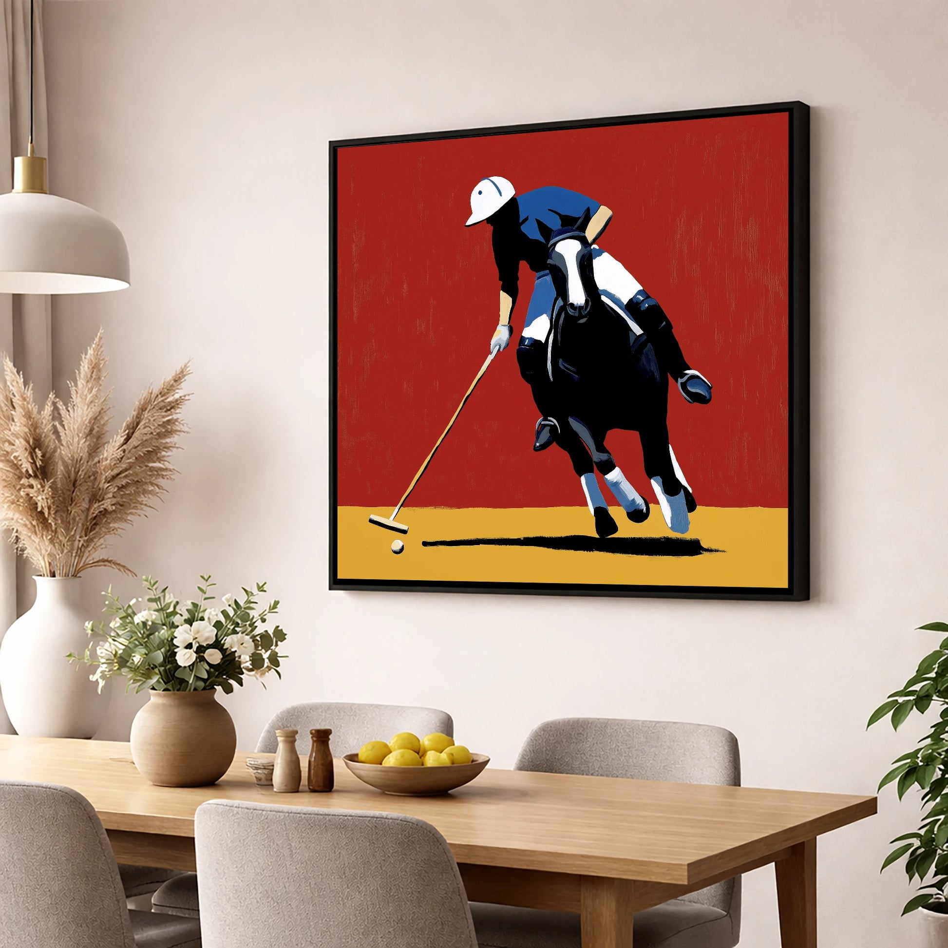The Scarlet Pursuit polo horse wall art displayed in a dining room