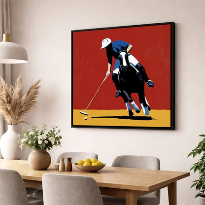 The Scarlet Pursuit polo horse wall art displayed in a dining room