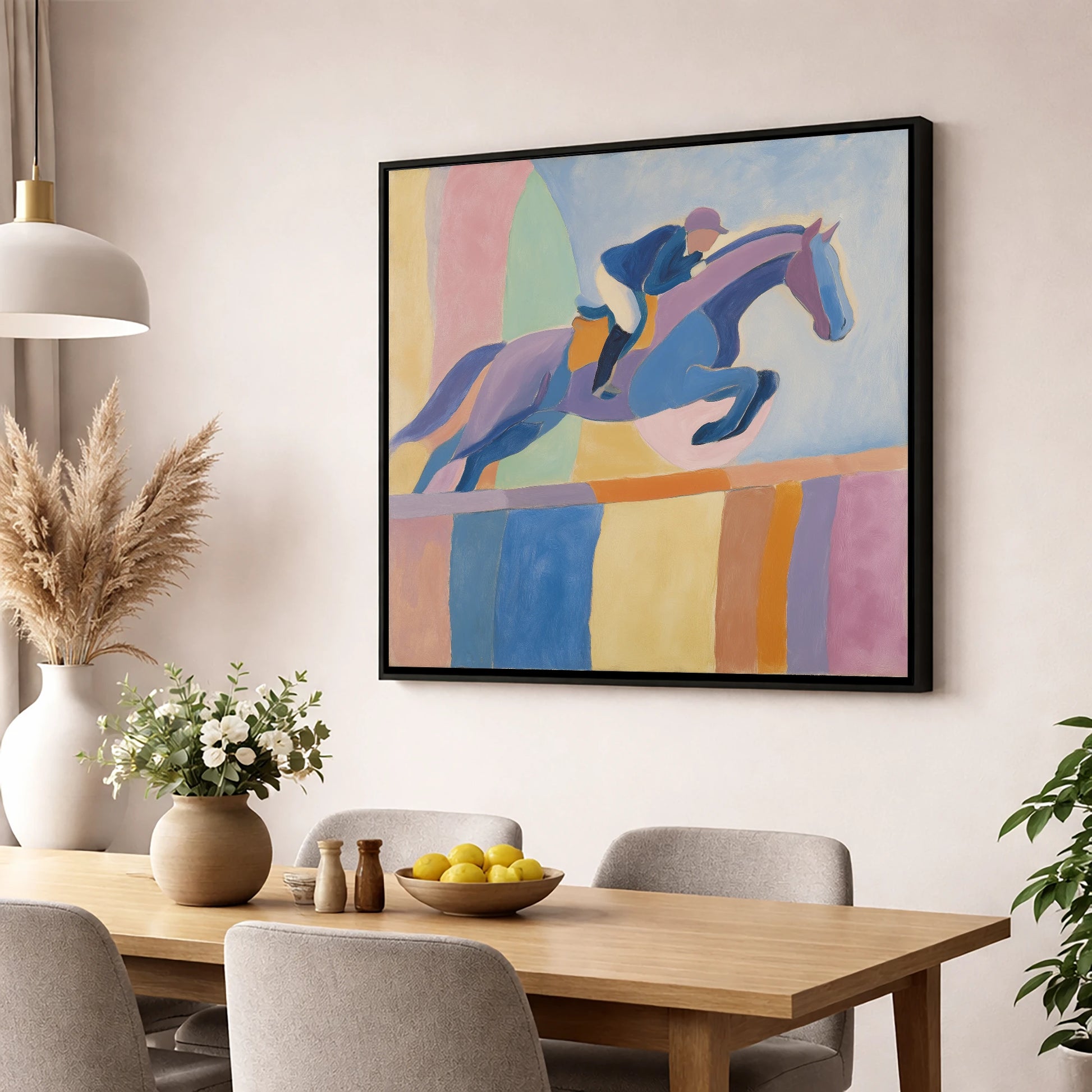 Harmonious Leap show jumping horse wall art displayed in a dining room