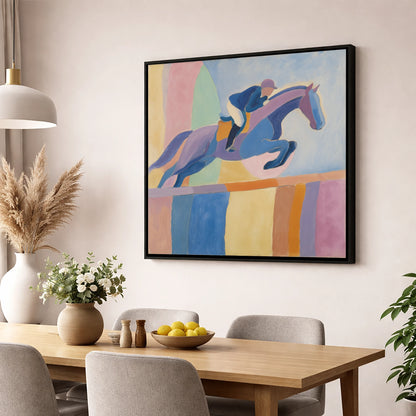 Harmonious Leap show jumping horse wall art displayed in a dining room