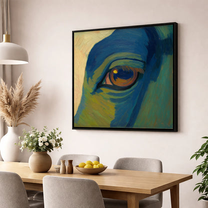Cobalt Vision horse portrait wall art displayed in a dining room