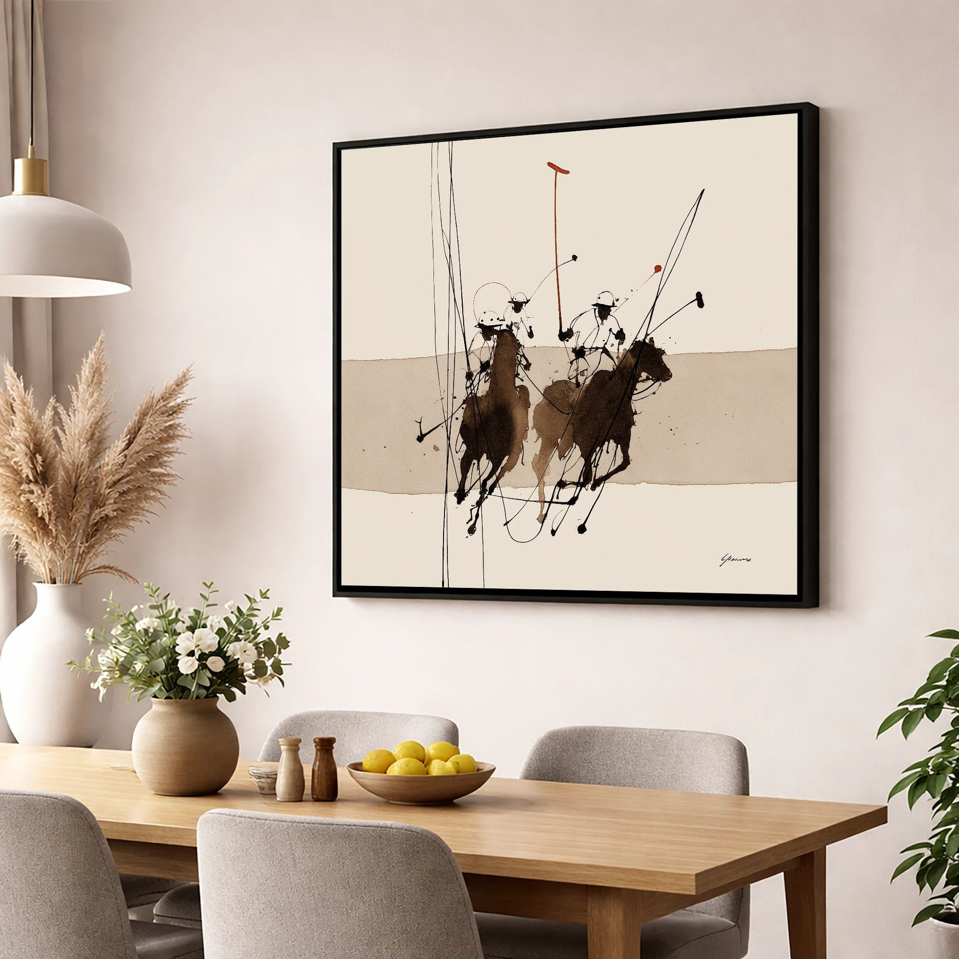 Polo in Motion polo horse wall art displayed in a dining room