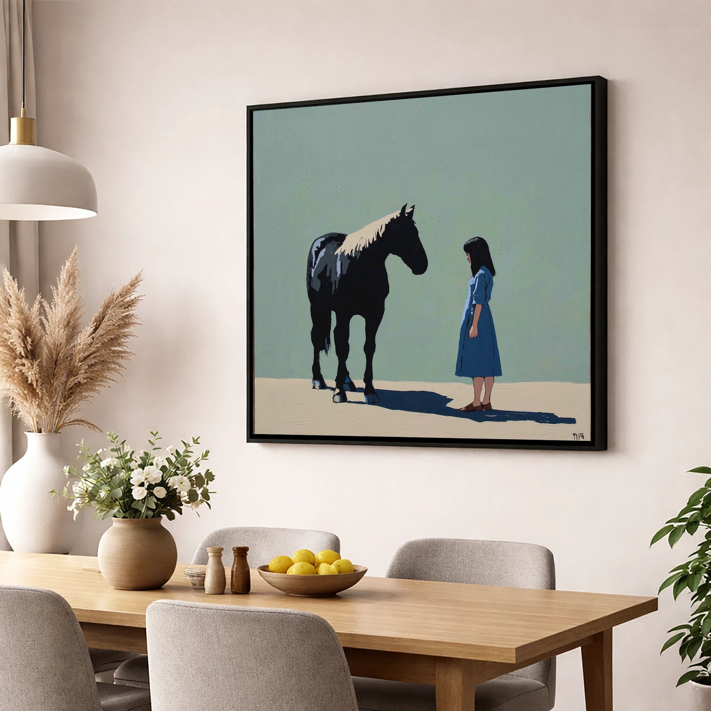 Quiet Understanding horse & rider wall art displayed in a dining room