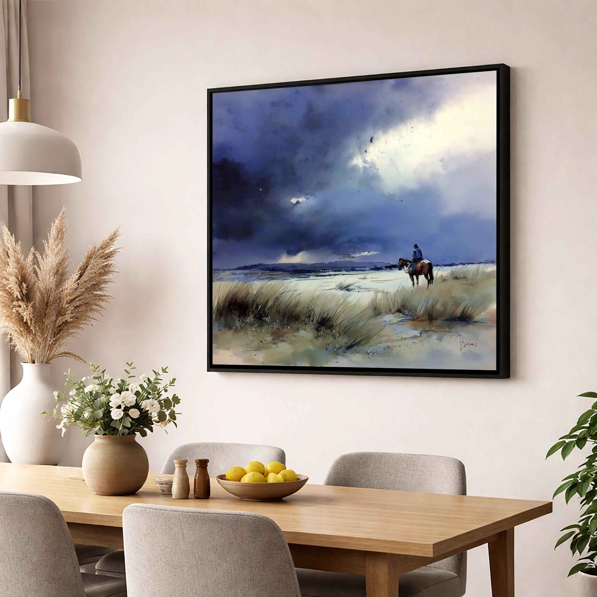 Before the Storm horse landscape wall art displayed in a dining room