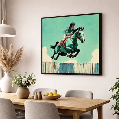 Teal Airborne Leap show jumping horse wall art displayed in a dining room