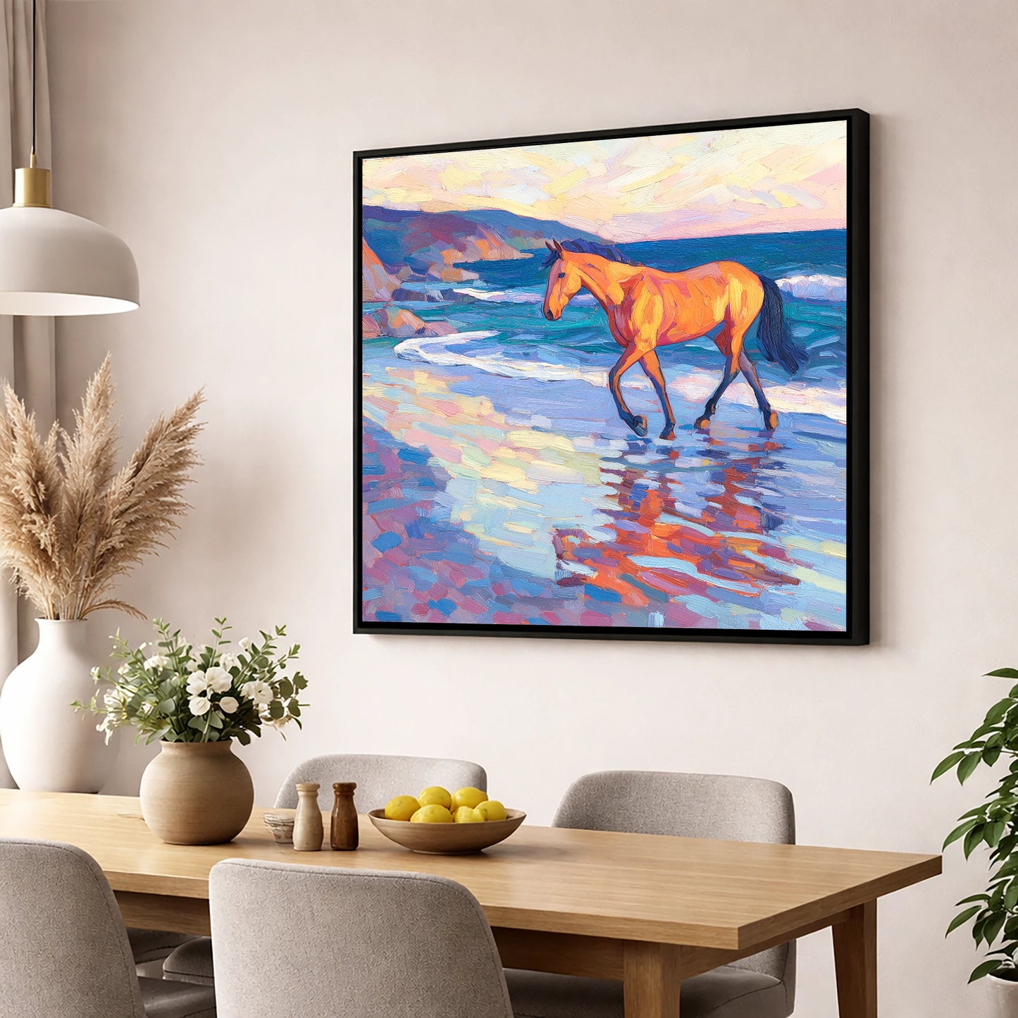 Vibrant Coastal Stride horse landscape wall art displayed in a dining room