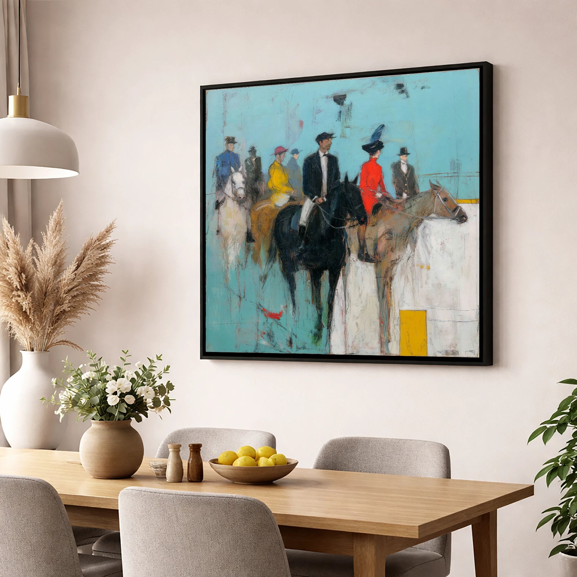 The Paddock Parade racing horse wall art displayed in a dining room