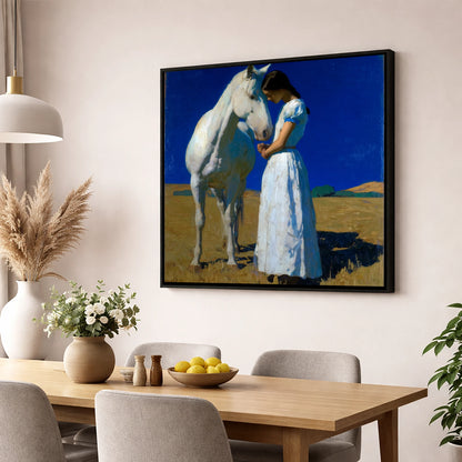 Sunlit Serenity horse & rider wall art displayed in a dining room