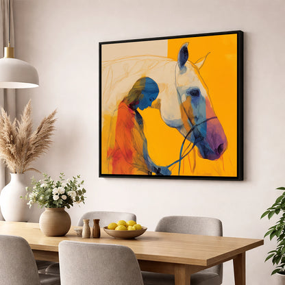 Vibrant Connection horse & rider wall art displayed in a dining room