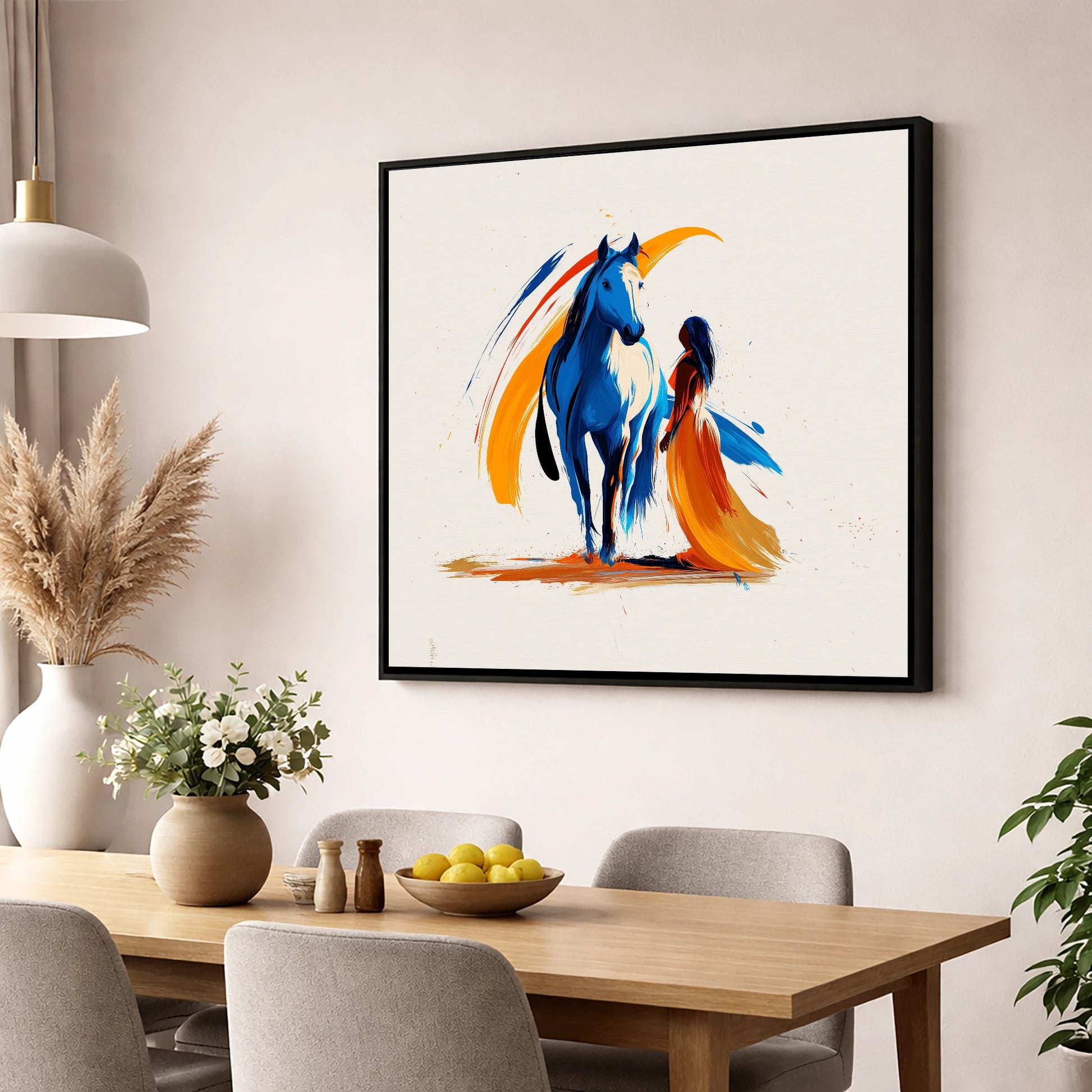 Azure and Amber Bond horse & rider wall art displayed in a dining room