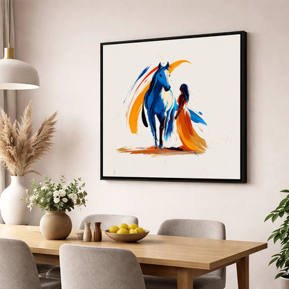 Azure and Amber Bond horse & rider wall art displayed in a dining room