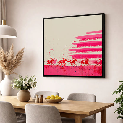 Magenta Grandstand Sprint racing horse wall art displayed in a dining room