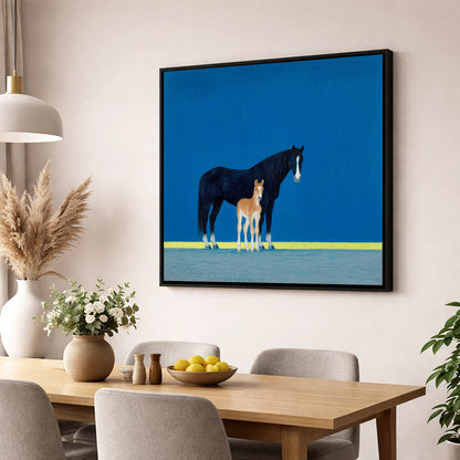 Azure Bond mare & foal wall art displayed in a dining room