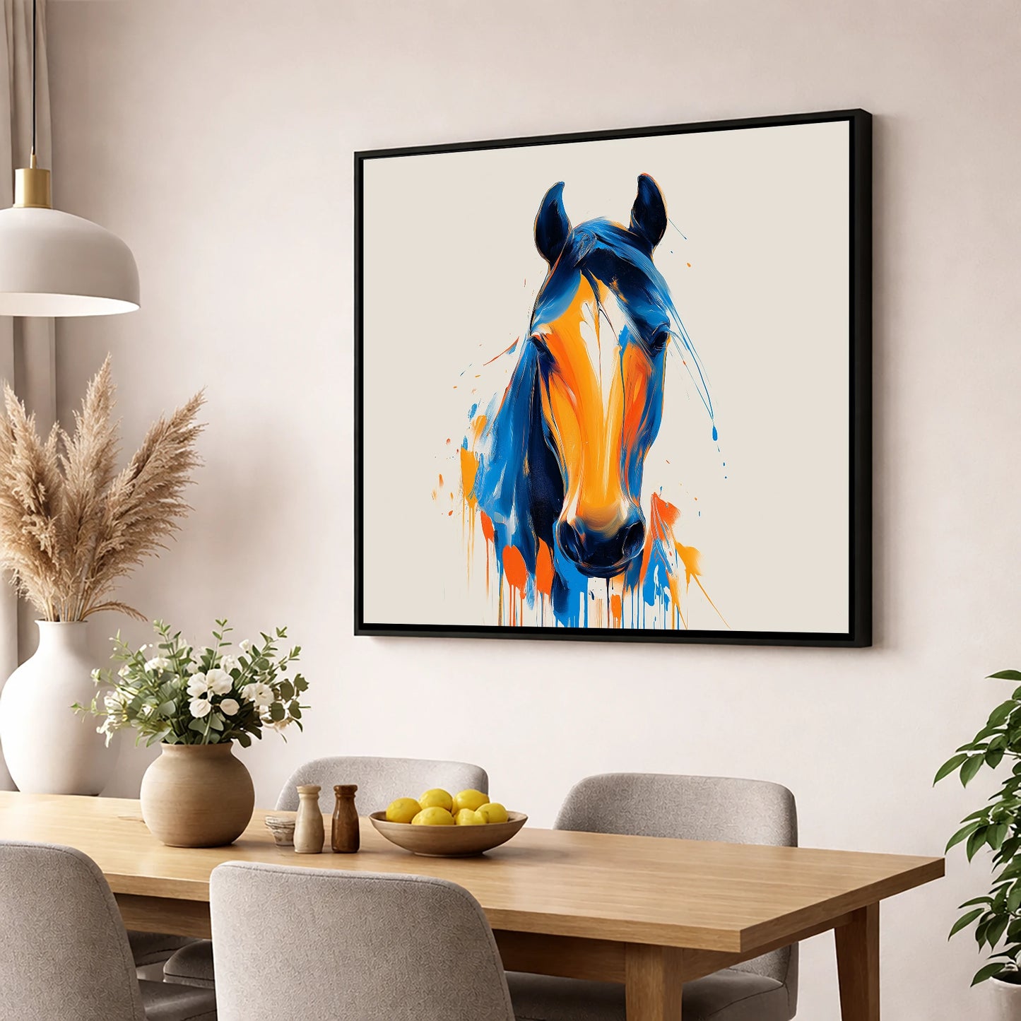 Cobalt and Sienna Spirit horse portrait wall art displayed in a dining room