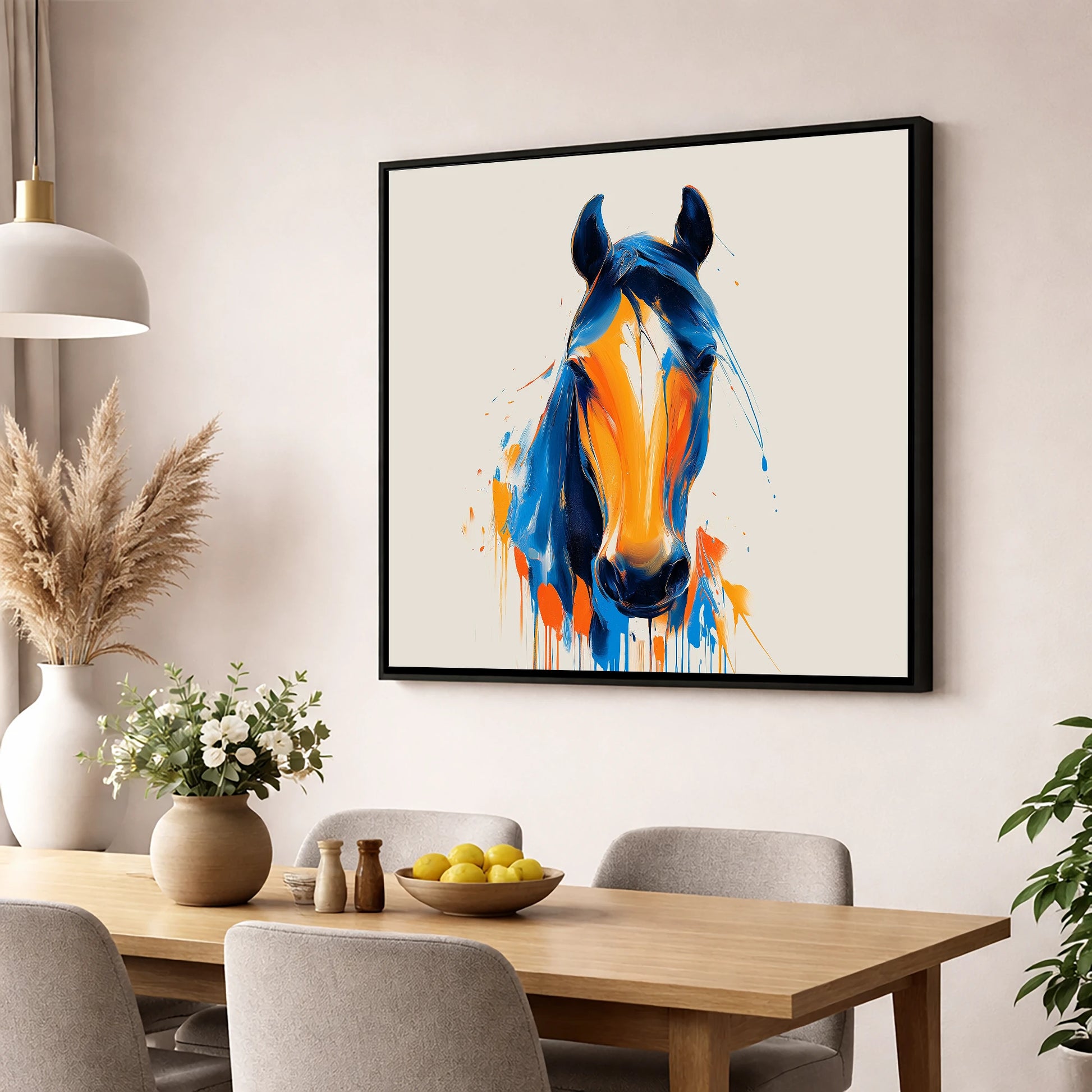 Cobalt and Sienna Spirit horse portrait wall art displayed in a dining room