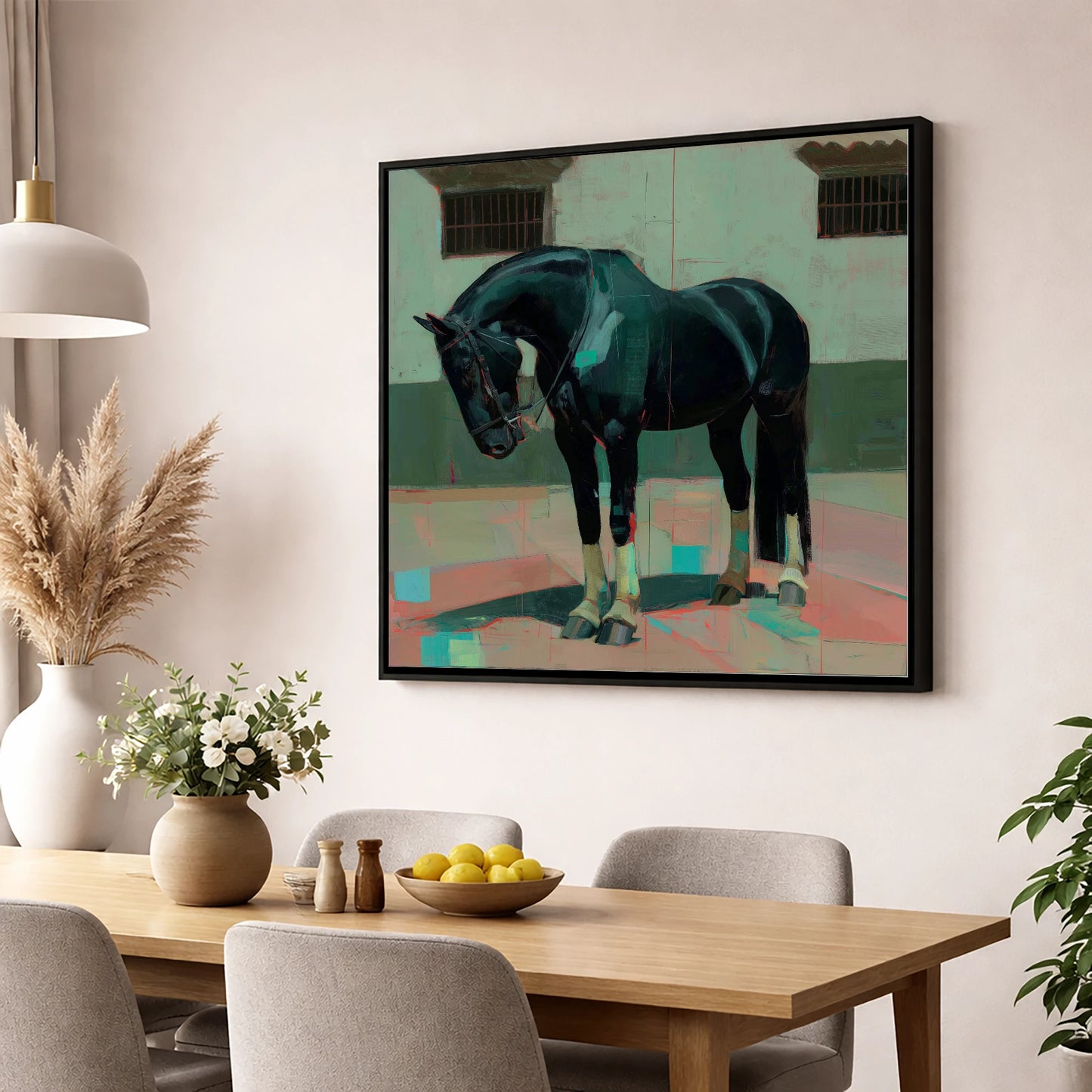 Midnight Silhouette Study horse breed wall art displayed in a dining room
