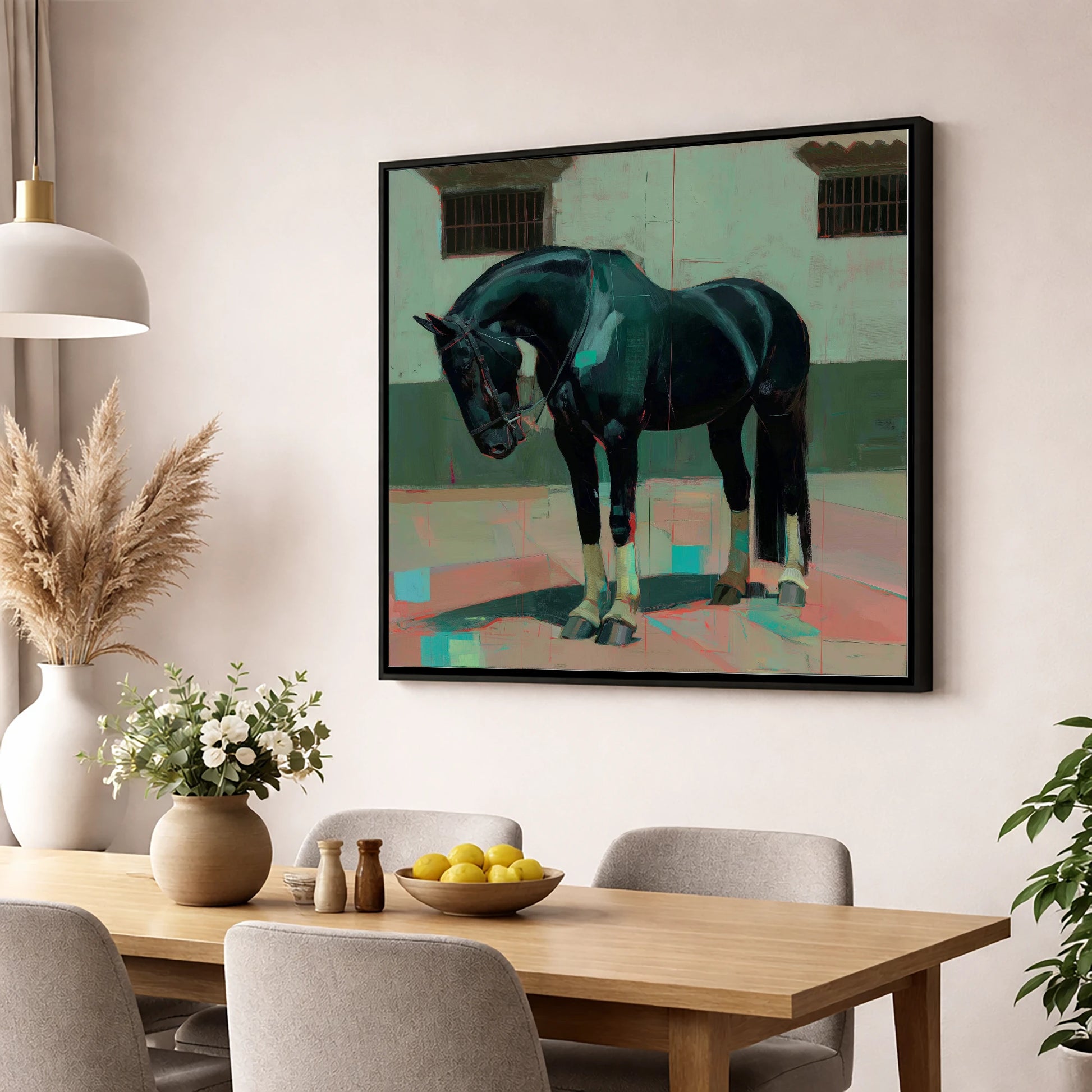 Midnight Silhouette Study horse breed wall art displayed in a dining room