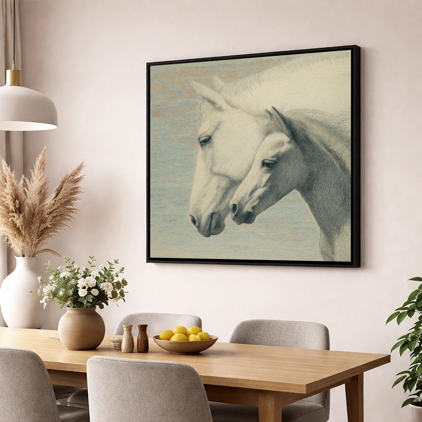 Timeless Companions mare & foal wall art displayed in a dining room