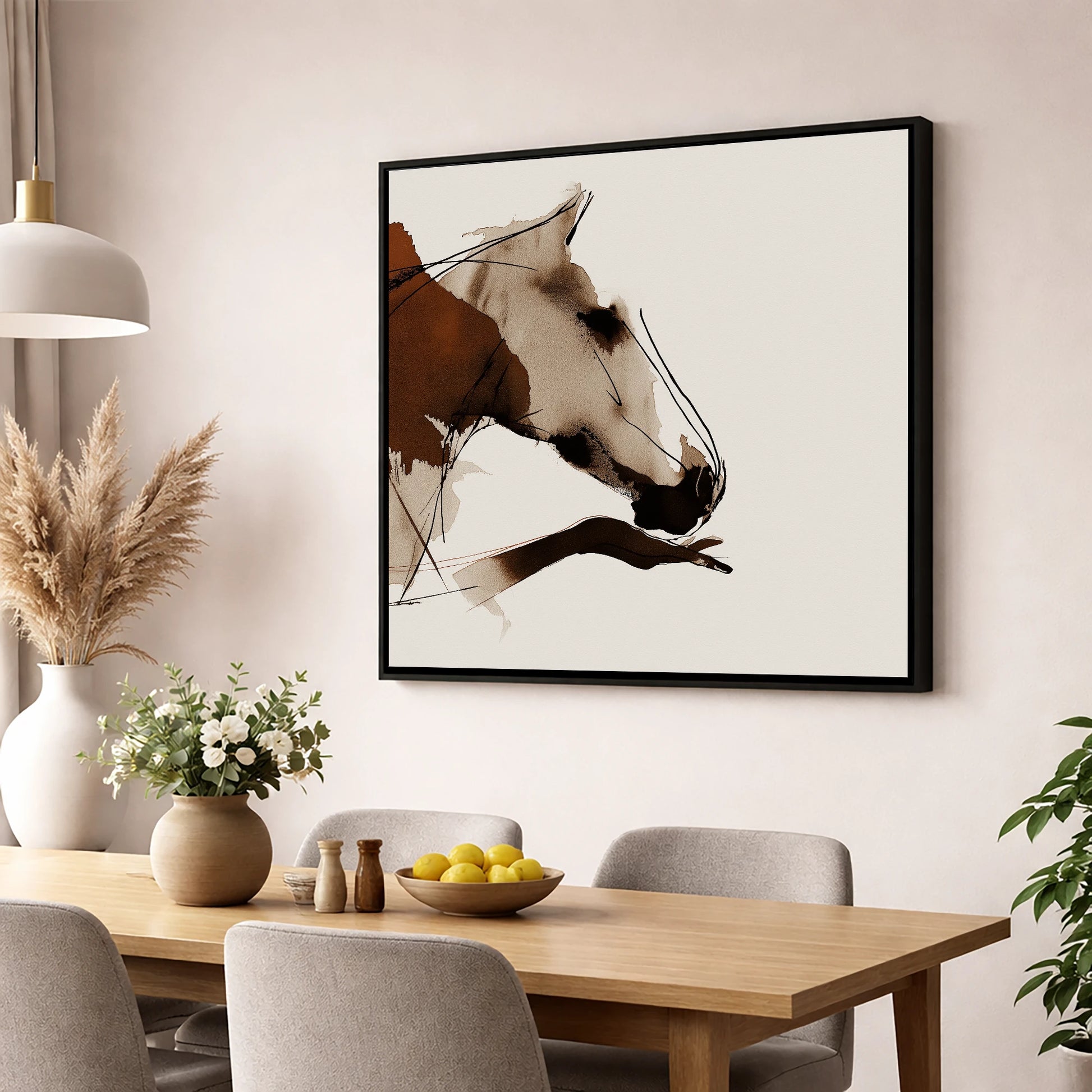 Unspoken Bond horse & rider wall art displayed in a dining room