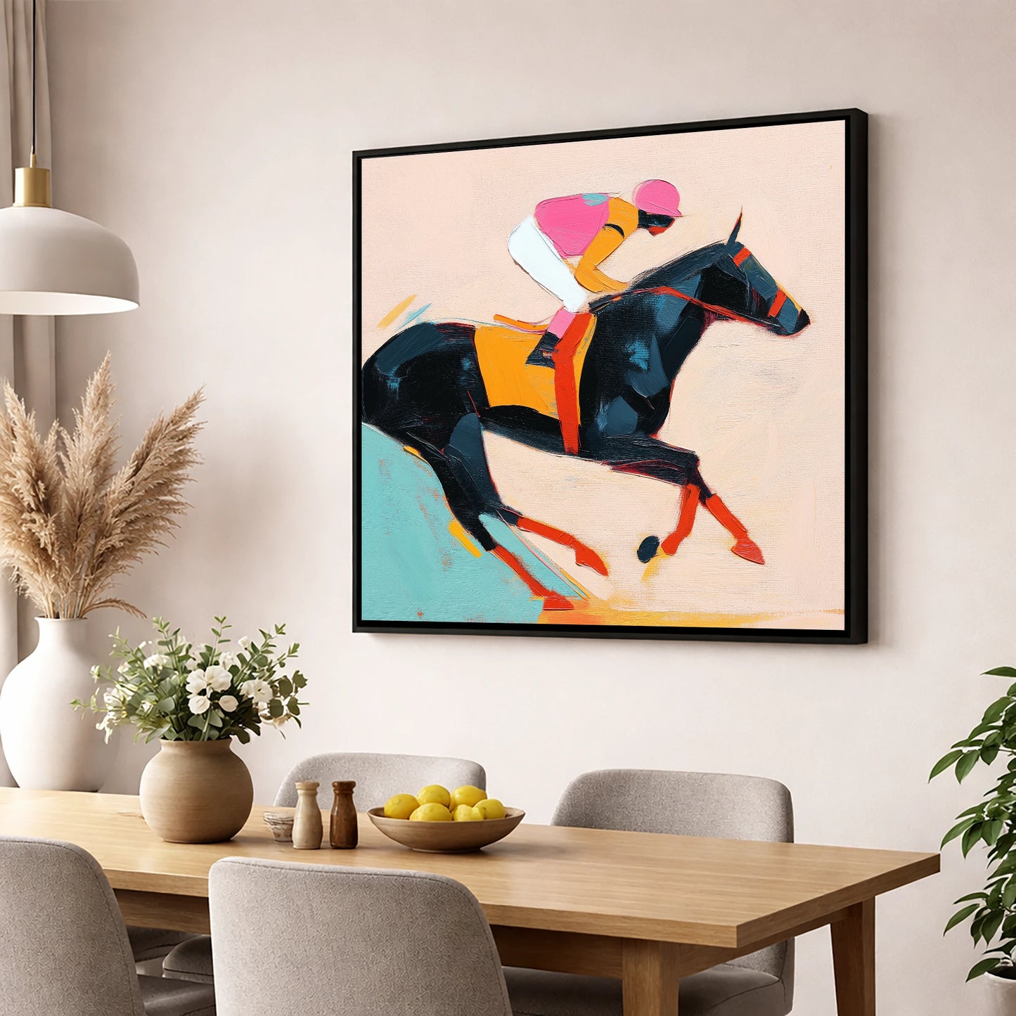 Vivid Racing Spirit racing horse wall art displayed in a dining room