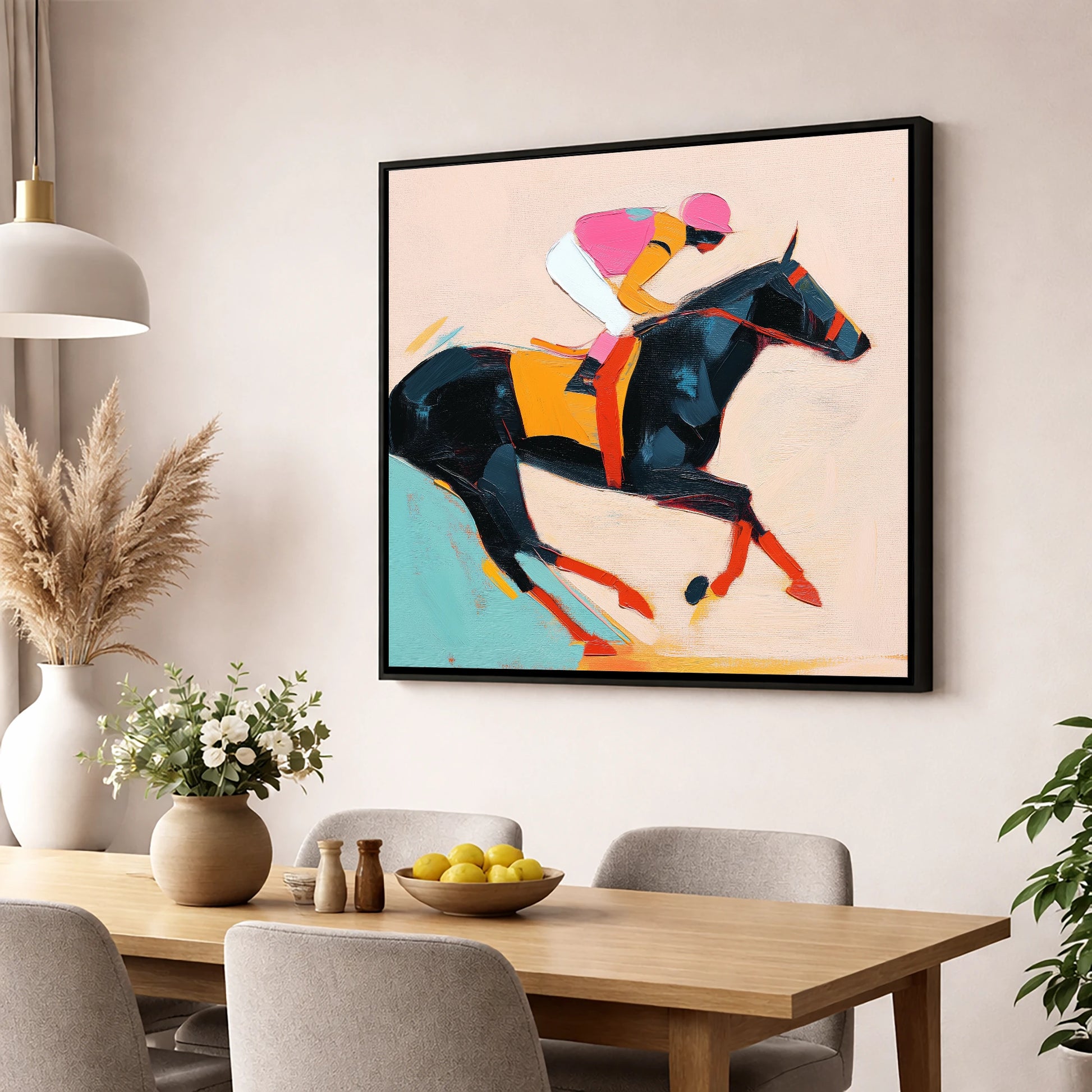 Vivid Racing Spirit racing horse wall art displayed in a dining room