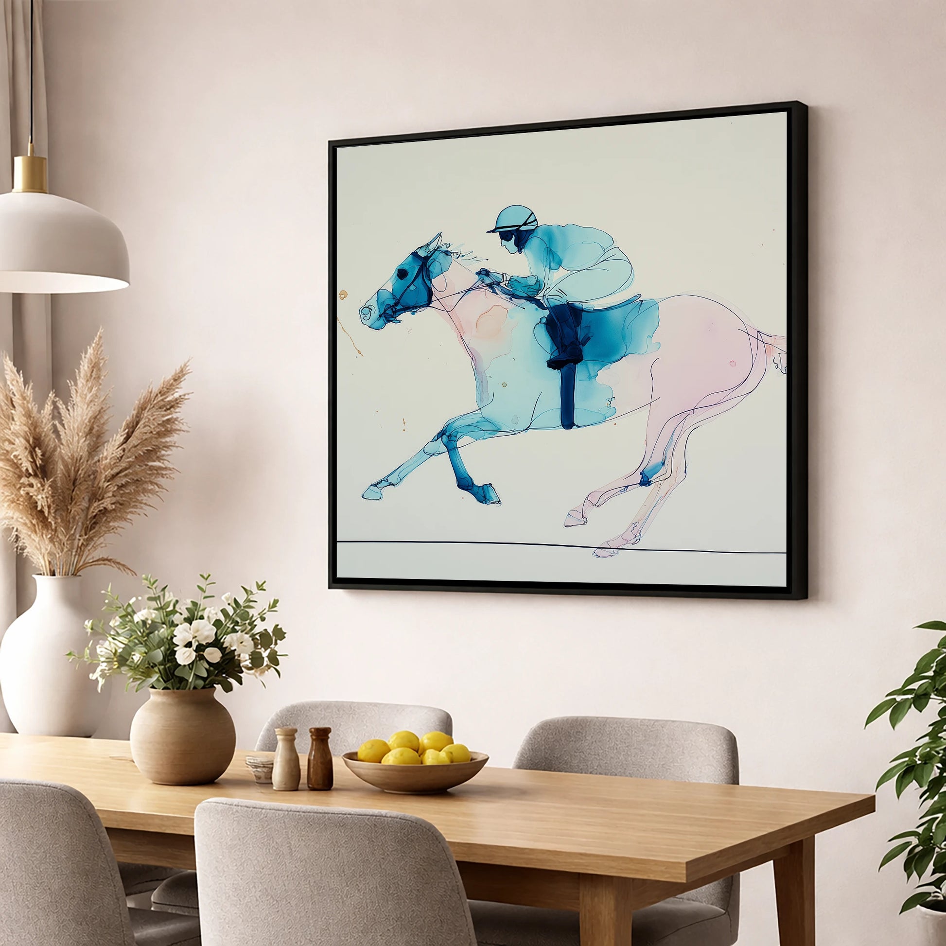 Azure Gallop racing horse wall art displayed in a dining room