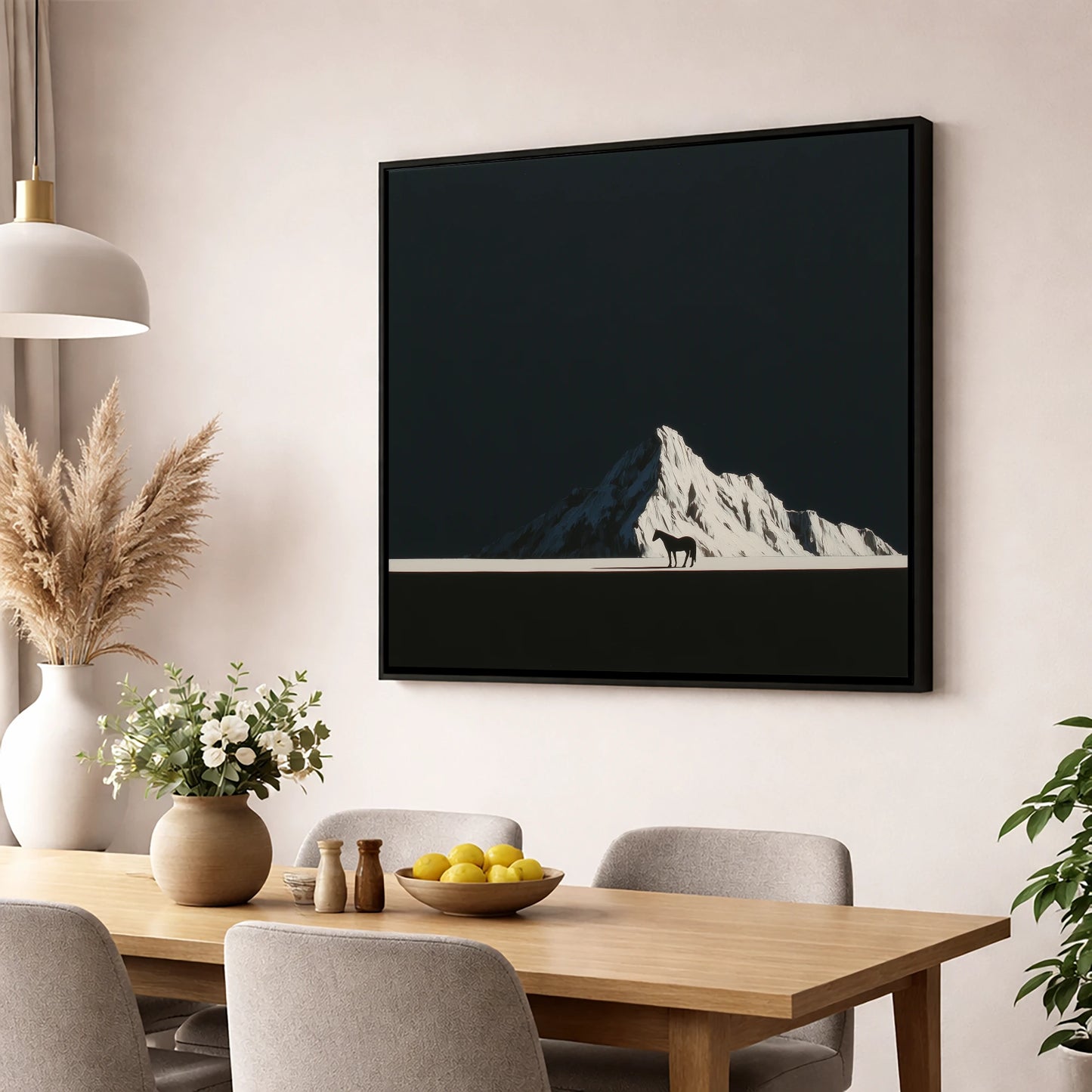 Alpine Solitude horse landscape wall art displayed in a dining room